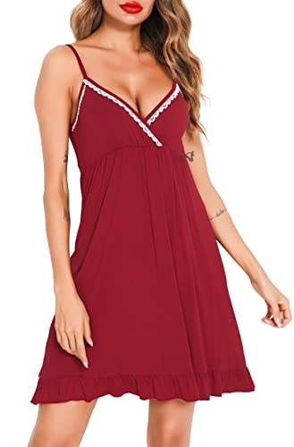 Lovasy Negligee Damen Sexy Spitze Nachthemd Damen Sexy Babydoll mit V-Ausschnitt Unterkleid Damen Spaghettiträger Negligee,Rotwein,L von Lovasy