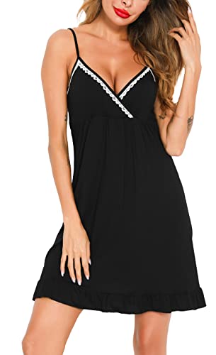 Lovasy Negligee Damen Sexy Spitze Nachthemd Damen Sexy Babydoll mit V-Ausschnitt Unterkleid Damen Spaghettiträger Negligee,schwarz,L von Lovasy