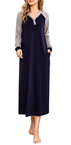 Lovasy Nachthemd Damen Langarm Baumwolle Lang Schlafshirt mit Knöpfen Winter Pyjama Stillnachthemd Damen Geburt Still Sleepshirt mit Taschen,Marineblau,S von Lovasy