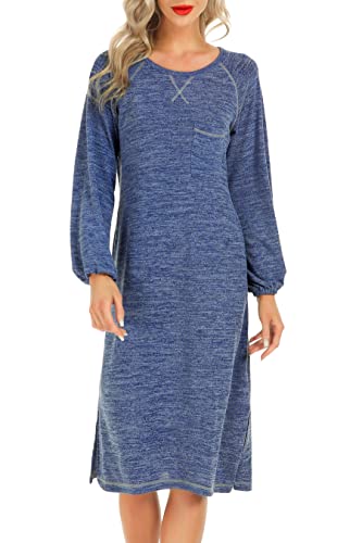 Lovasy Nachthemd Damen Langarm Baumwolle Winter Pyjama Lang Schlafshirt Schlitz Laternenärmel Stillnachthemd Weich Nachtwäsche mit Taschen,Blau,S von Lovasy