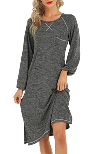 Lovasy Nachthemd Damen Langarm Baumwolle Winter Pyjama Lang Schlafshirt Schlitz Laternenärmel Stillnachthemd Weich Nachtwäsche mit Taschen,Dunkelgrau,M von Lovasy