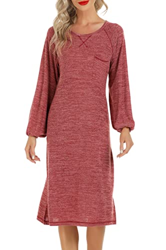 Lovasy Nachthemd Damen Langarm Baumwolle Winter Pyjama Lang Schlafshirt Schlitz Laternenärmel Stillnachthemd Weich Nachtwäsche mit Taschen,Rot,L von Lovasy