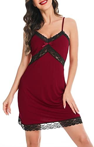 Lovasy Negligee Damen Sexy Spitze Nachthemd Damen Sexy Babydoll mit V-Ausschnitt Unterkleid Damen Spaghettiträger Negligee,Weinrot,L von Lovasy