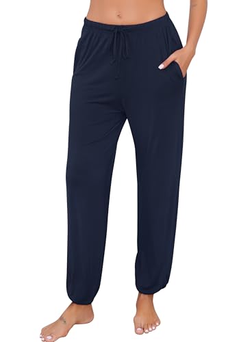 Lovasy Pyjamahose Damen Lang Weich Locker Schlafhose Modal Schlafanzughosen für Damen mit Taschen und Kordelzug,Dunkelblau,XXL von Lovasy