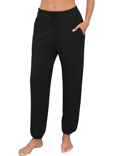 Lovasy Pyjamahose Damen Lang Weich Locker Schlafhose Modal Schlafanzughosen für Damen mit Taschen und Kordelzug,Schwarz,S von Lovasy