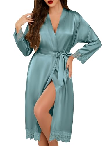 Lovasy Satin Bademantel Damen Lang Kimono Japanisch Morgenmantel für Damen Manschetten aus Spitze Braut Bademantel Hochzeit Party mit Gürtel,Graugrün,XXL von Lovasy