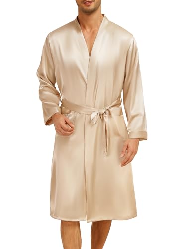 Lovasy Satin Bademantel Herren Lang Kimono Bademäntel für Herren Leicht Morgenmantel Zwei Seitentaschen mit Gürtel,Champagner,XL von Lovasy