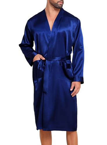 Lovasy Satin Bademantel Herren Lang Kimono Bademäntel für Herren Leicht Morgenmantel Zwei Seitentaschen mit Gürtel,Dunkelblau,XL von Lovasy