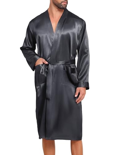 Lovasy Satin Bademantel Herren Lang Kimono Bademäntel für Herren Leicht Morgenmantel Zwei Seitentaschen mit Gürtel,Dunkelgrau,M von Lovasy
