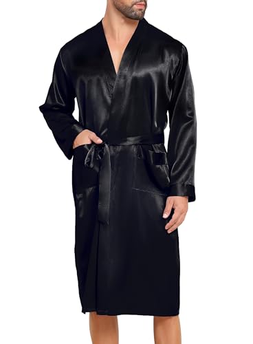 Lovasy Satin Bademantel Herren Lang Kimono Bademäntel für Herren Leicht Morgenmantel Zwei Seitentaschen mit Gürtel,Schwarz,M von Lovasy