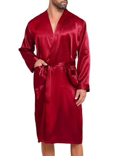 Lovasy Satin Bademantel Herren Lang Kimono Bademäntel für Herren Leicht Morgenmantel Zwei Seitentaschen mit Gürtel,Violett Rot,L von Lovasy