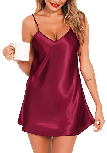 Lovasy Satin Nachthemd Damen Negligee Sexy Schwarz kurzes Chemise Spaghettiträger Babydoll V Ausschnitt Nachtwäsche Nachtwäsche Unterkleid Nachtkleid,Violett-Rot,L von Lovasy