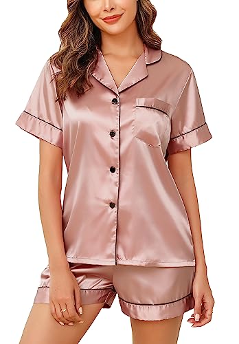 Lovasy Satin Schlafanzug Damen Kurz Kurzarm Pyjamas Set mit Knöpfen Seiden Nachtwäsche V-Ausschnitt Zweiteiliger Pjs Sets Hausanzug,Tiefes Rosa, L von Lovasy
