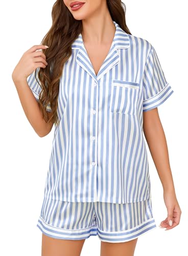 Lovasy Satin Schlafanzug Damen Kurz Kurzarm Pyjamas Set mit Knöpfen Seiden Nachtwäsche V-Ausschnitt Zweiteiliger Pjs Sets Hausanzug,Blaue Streifen, L von Lovasy