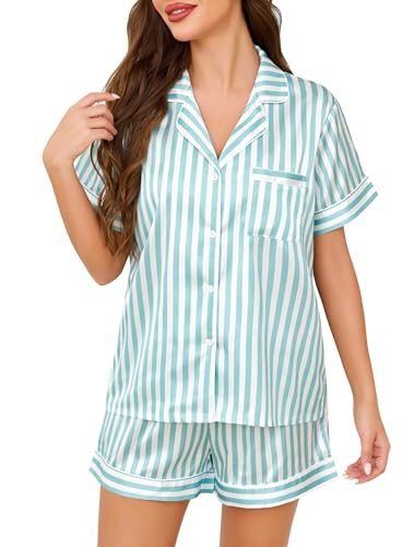 Lovasy Satin Schlafanzug Damen Kurz Kurzarm Pyjamas Set mit Knöpfen Seiden Nachtwäsche V-Ausschnitt Zweiteiliger Pjs Sets Hausanzug,Grüne Streifen, S von Lovasy