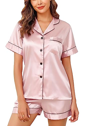 Lovasy Satin Schlafanzug Damen Kurz Kurzarm Pyjamas Set mit Knöpfen Seiden Nachtwäsche V-Ausschnitt Zweiteiliger Pjs Sets Hausanzug,Hellrosa,XXL von Lovasy