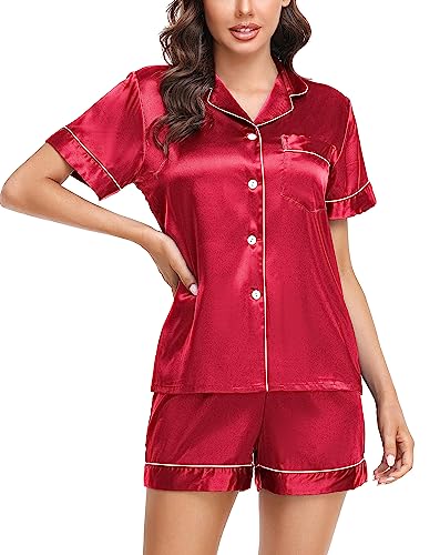 Lovasy Satin Pyjama Damen Kurz Schlafanzug Kurzarm Pyjamas Set mit Knöpfen Seiden Nachtwäsche V-Ausschnitt Zweiteiliger Pjs Sets Hausanzug,Rot,M von Lovasy