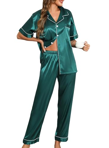 Lovasy Satin Schlafanzug Damen Lang Kurzarm Pyjamas Set mit Knöpfen V-Ausschnitt Pjs Sets Hausanzug Damen Zweiteiliger,Dunkelgrün,M von Lovasy