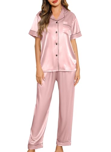 Lovasy Satin Schlafanzug Damen Lang Kurzarm Pyjamas Set mit Knöpfen V-Ausschnitt Pjs Sets Hausanzug Damen Zweiteiliger,Hellrosa,L von Lovasy