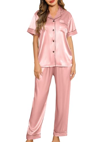 Lovasy Satin Schlafanzug Damen Lang Kurzarm Pyjamas Set mit Knöpfen V-Ausschnitt Pjs Sets Hausanzug Damen Zweiteiliger,Rosa,M von Lovasy