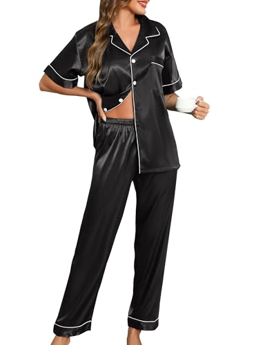 Lovasy Satin Schlafanzug Damen Lang Kurzarm Pyjamas Set mit Knöpfen V-Ausschnitt Pjs Sets Hausanzug Damen Zweiteiliger,Schwarz, XL von Lovasy