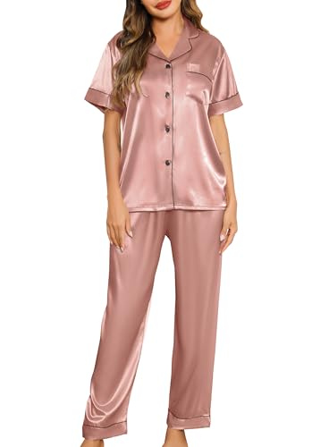 Lovasy Satin Schlafanzug Damen Lang Kurzarm Pyjamas Set mit Knöpfen V-Ausschnitt Pjs Sets Hausanzug Damen Zweiteiliger,Tiefes Rosa,M von Lovasy