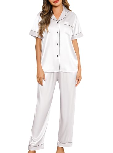 Lovasy Satin Schlafanzug Damen Lang Kurzarm Pyjamas Set mit Knöpfen V-Ausschnitt Pjs Sets Hausanzug Damen Zweiteiliger,Weiß,M von Lovasy