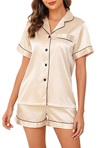 Lovasy Satin Schlafanzug Damen Kurz Kurzarm Pyjamas Set mit Knöpfen Seiden Nachtwäsche V-Ausschnitt Zweiteiliger Pjs Sets Hausanzug,Champagner,XL von Lovasy