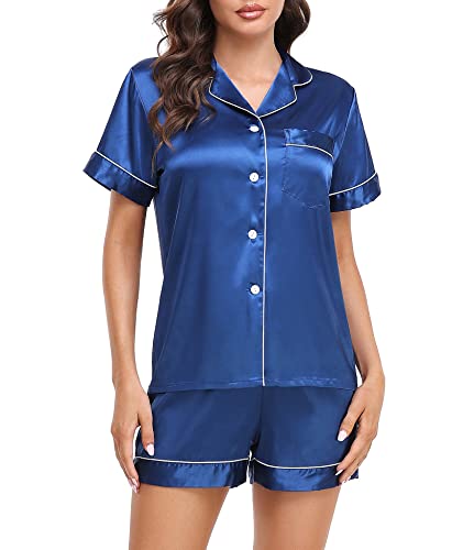 Lovasy Satin Pyjama Damen Kurz Schlafanzug Kurzarm Pyjamas Set mit Knöpfen Seiden Nachtwäsche V-Ausschnitt Zweiteiliger Pjs Sets Hausanzug,Blau,L von Lovasy