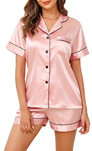 Lovasy Satin Schlafanzug Damen Kurz Kurzarm Pyjamas Set mit Knöpfen Seiden Nachtwäsche V-Ausschnitt Zweiteiliger Pjs Sets Hausanzug,Rosa,M von Lovasy