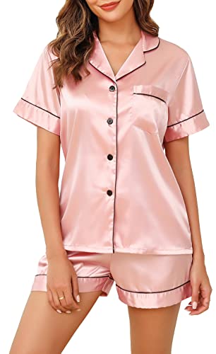 Lovasy Satin Pyjama Damen Kurz Schlafanzug Kurzarm Pyjamas Set mit Knöpfen Seiden Nachtwäsche V-Ausschnitt Zweiteiliger Pjs Sets Hausanzug,Rosa,XL von Lovasy