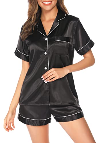 Lovasy Satin Pyjama Damen Kurz Schlafanzug Kurzarm Pyjamas Set mit Knopfleiste Seiden Nachtwäsche V-Ausschnitt Zweiteiliger Pjs Sets Hausanzug,Schwarz, L von Lovasy