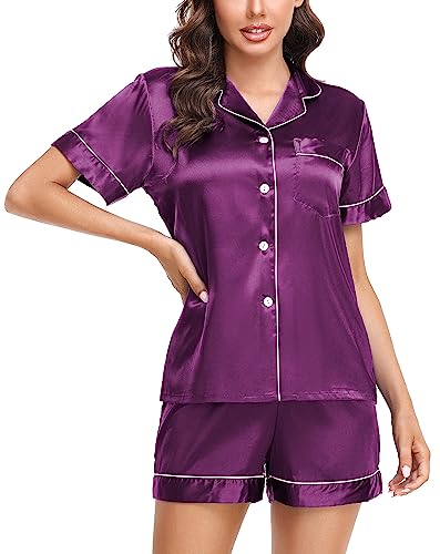 Lovasy Satin Pyjama Damen Kurz Schlafanzug Kurzarm Pyjamas Set mit Knöpfen Seiden Nachtwäsche V-Ausschnitt Zweiteiliger Pjs Sets Hausanzug,Violett, S von Lovasy