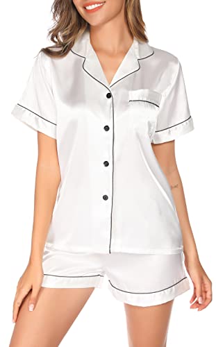 Lovasy Satin Pyjama Damen Kurz Schlafanzug Kurzarm Pyjamas Set mit Knöpfen Seiden Nachtwäsche V-Ausschnitt Zweiteiliger Pjs Sets Hausanzug,Weiß, L von Lovasy