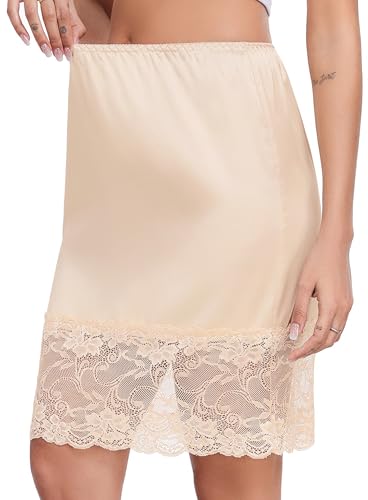 Lovasy Satin Unterrock Damen Kurz Knielang Halbrock Petticoat Elegantes Spitzen Unterröcke für Damen Underskirt Unter Kleid,Hautfarbe,XXL von Lovasy