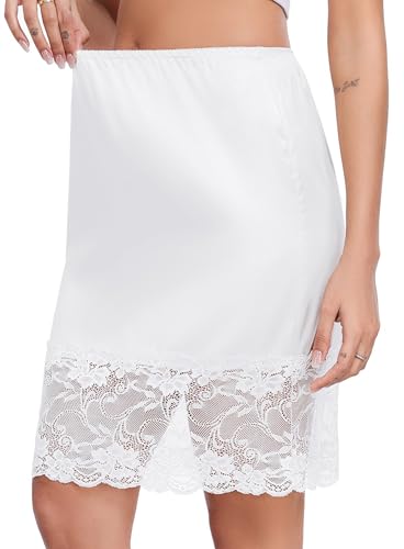 Lovasy Satin Unterrock Damen Kurz Knielang Halbrock Petticoat Elegantes Spitzen Unterröcke für Damen Underskirt Unter Kleid,Weiß,XL von Lovasy