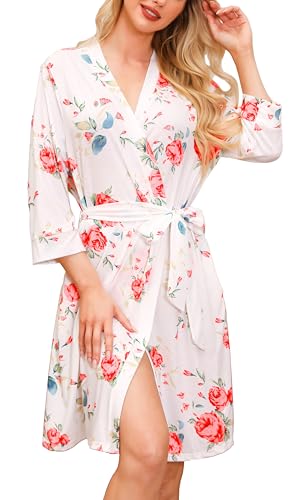 Lovasy Sauna Bademantel Damen Leicht 3/4 Ärmel V-Ausschnitt Morgenmantel Damen Kurz Kimono Roben mit Gürtel Weiches Reisebademante Loungewear mit Taschen,Weiße Blume,S von Lovasy