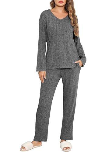 Lovasy Schlafanzüge für Damen Lang Pyjama Set Rippenstrick Damenschlafanzug Langarm V-Ausschnitt Loungewear Sleepwear,Dunkelgrau,L von Lovasy