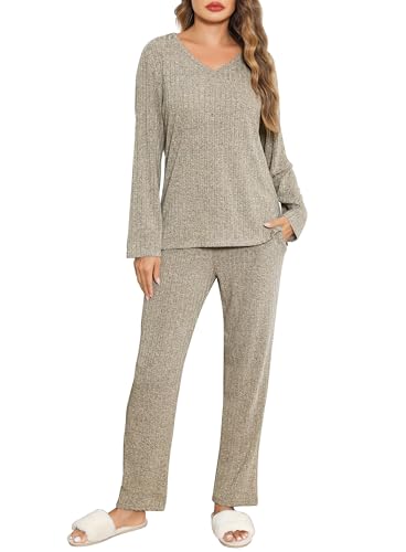 Lovasy Schlafanzüge für Damen Lang Pyjama Set Rippenstrick Damenschlafanzug Langarm V-Ausschnitt Loungewear Sleepwear,Khaki,XXL von Lovasy