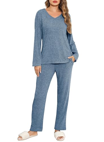 Lovasy Schlafanzüge für Damen Lang Pyjama Set Rippenstrick Damenschlafanzug Langarm V-Ausschnitt Loungewear Sleepwear,Kobaltblau,XL von Lovasy