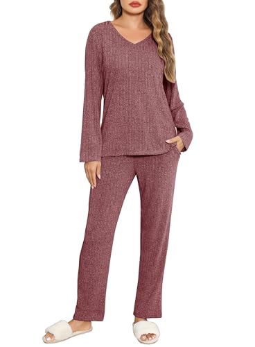 Lovasy Schlafanzüge für Damen Lang Pyjama Set Rippenstrick Damenschlafanzug Langarm V-Ausschnitt Loungewear Sleepwear,Weinrot,L von Lovasy