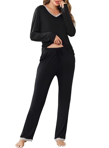 Lovasy Schlafanzug Damen Lang Winter Pyjama Set V-Ausschnitt Damenschlafanzug Langarm Loungewear Hausanzug mit Kordelzug und Taschen,Schwarz,S von Lovasy