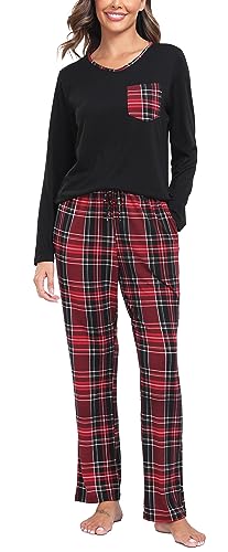 Lovasy Damen Schlafanzug Lang Winter Karierte Pyjama Set mit Taschen Zweiteiliger Damenschlafanzug Langarm V-Ausschnitt Schlafanzüge für Damen,Rot 2,M von Lovasy