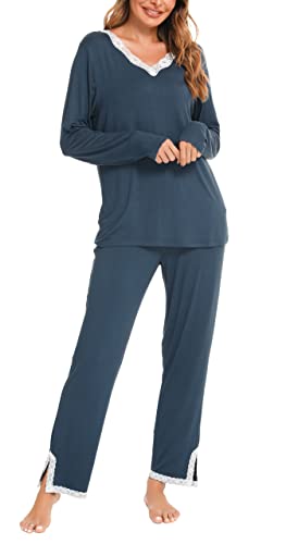 Lovasy Schlafanzüge für Damen Winter Lang Pyjama Set V-Ausschnitt Spitzen Damenschlafanzug Langarm Loungewear Damen Set Weich kuschel Hausanzug,Blau,XXL von Lovasy