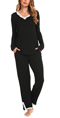 Lovasy Schlafanzüge für Damen Winter Lang Pyjama Set V-Ausschnitt Spitzen Damenschlafanzug Langarm Loungewear Damen Set Weich kuschel Hausanzug,Schwarz,S von Lovasy