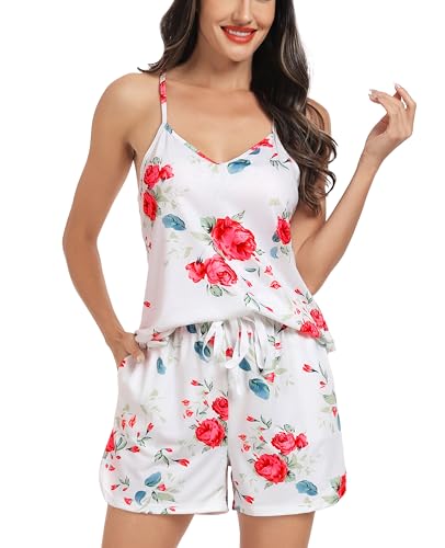 Lovasy Schlafanzug Damen Kurz Ärmellos Shorty Pyjama Damen Set Sexy Schlafanzug Frauen Spaghettiträger Nachtwäsche Loungewear,Weiße Blumen,XL von Lovasy