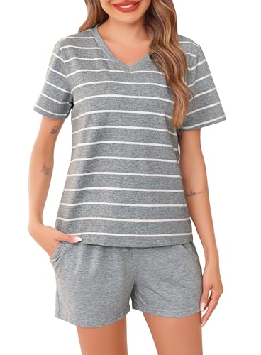 Lovasy Schlafanzug Damen Kurz Baumwolle Gestreift Sommer Schlafanzüge für Damen V-Ausschnitt Kurzarm Pyjama Set Mode Pyjamas,Grau,M von Lovasy