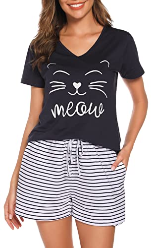 Lovasy Schlafanzug Damen Kurz Baumwolle Kurzarm Pyjama Set Zweiteiler Schlafanzüge für Damen Loungewear Shorty Damen Nachtwäsche,Dunkelblau,XXL von Lovasy