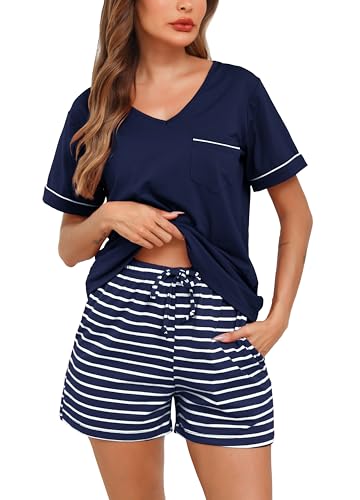 Lovasy Schlafanzug Damen Kurz Baumwolle Pyjama Set Kurzarm Schlafanzüge für Damen Sommer Shorty Pyjama mit Knöpfen und Taschen,Marineblau,M von Lovasy