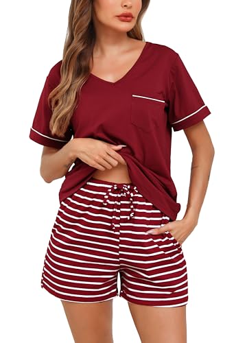 Lovasy Schlafanzug Damen Kurz Baumwolle Pyjama Set Kurzarm Schlafanzüge für Damen Sommer Shorty Pyjama mit Knöpfen und Taschen,Weinrot,XL von Lovasy